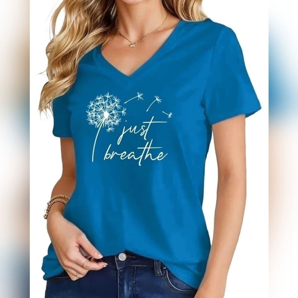 Women's V-Neck Short-Sleeve "Just Breathe" Dandeion Wish T-Shirt, Blue, SMALL